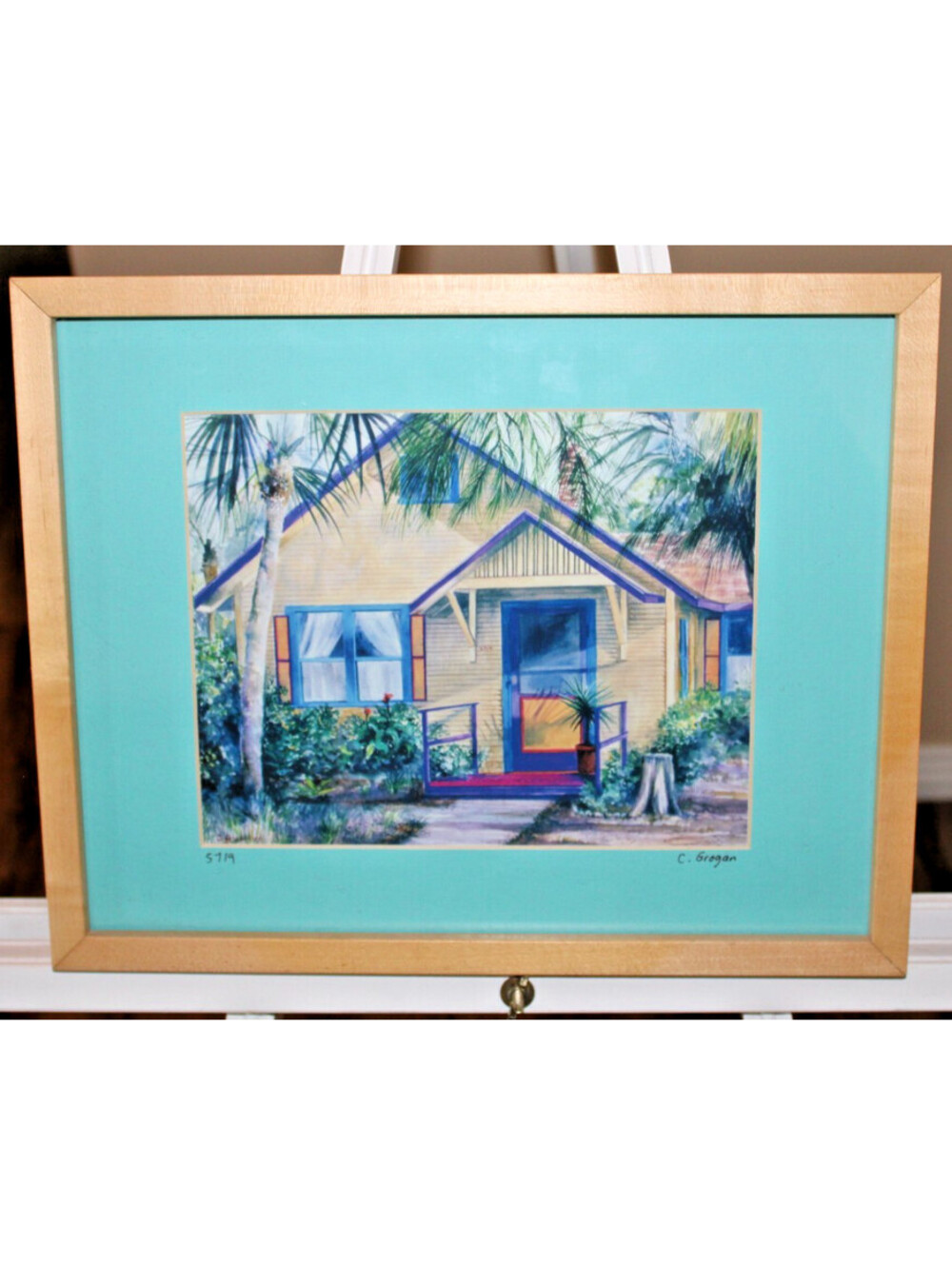 Watercolor Tropical Cottage Key West Signed C. Grogan x2 Oak Frame Art 15x12